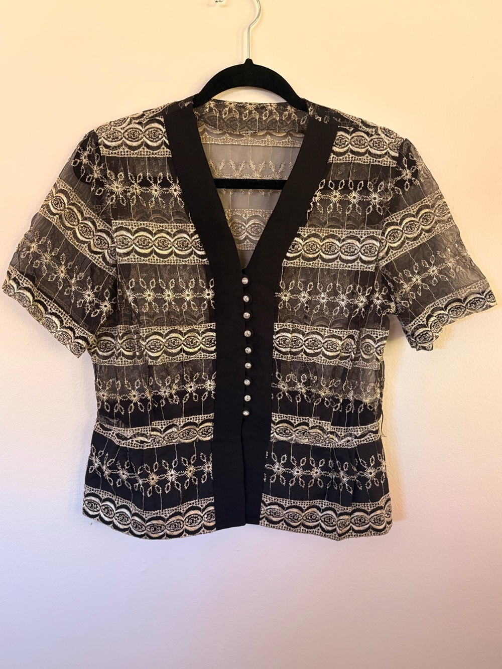 Vintage Sheer Embroidered Rhinestone Button Blouse